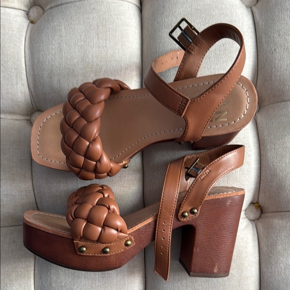Brown Leather Braided Platform Sandals